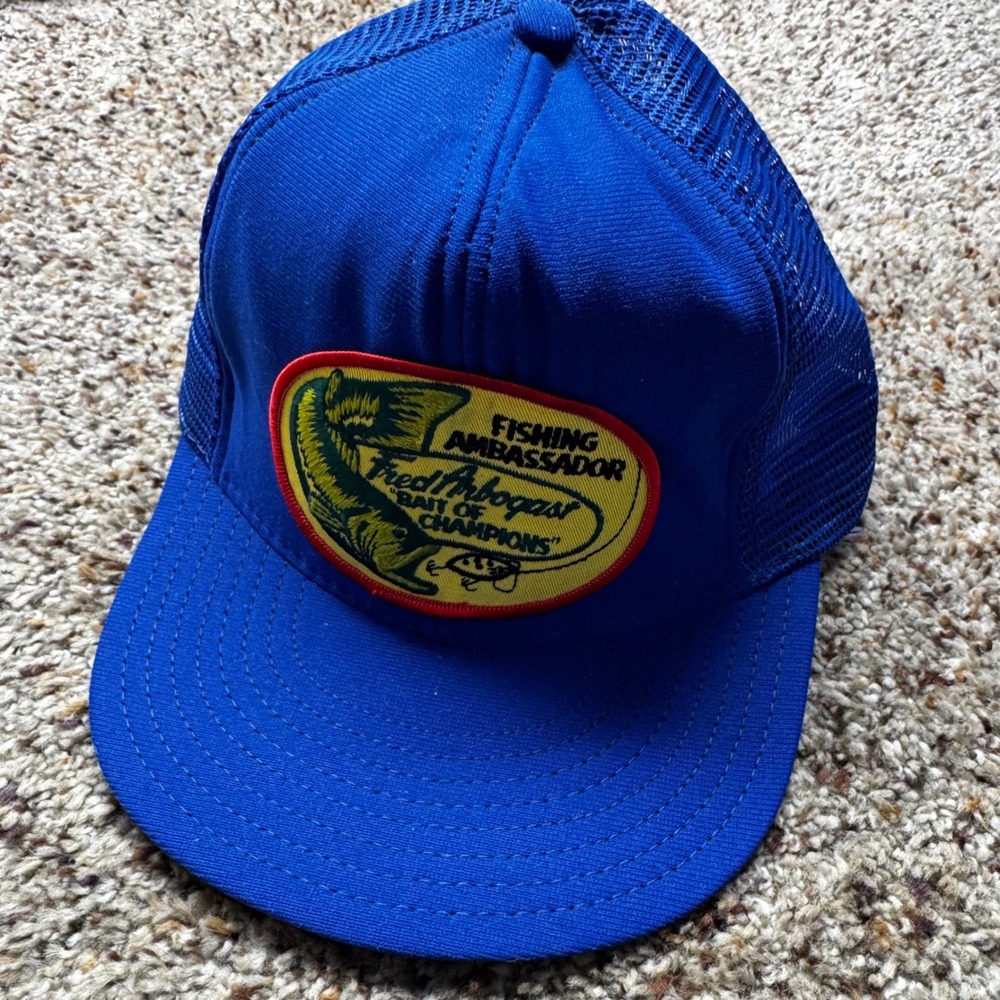Vintage Fred Arbogast Fishing Ambassador Trucker Hat Blue Mesh Snapback USA Made
